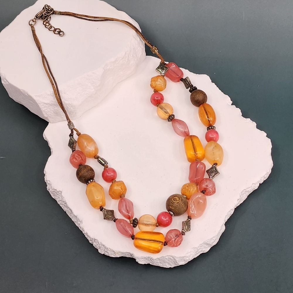 Vintage Retro Boho Double Strand Pink Orange Resin Wood Bead Statement Necklace